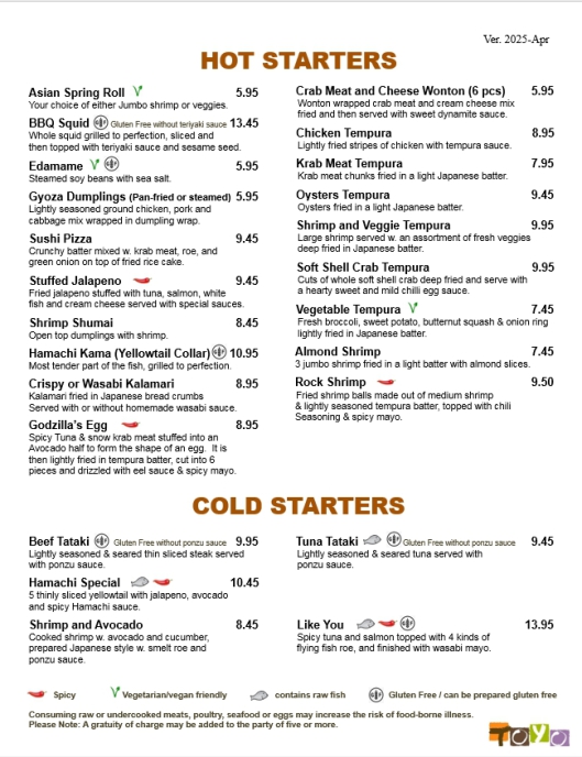 Toyo Japanese Sushi Bar & Hibachi Hot & Cold Starters